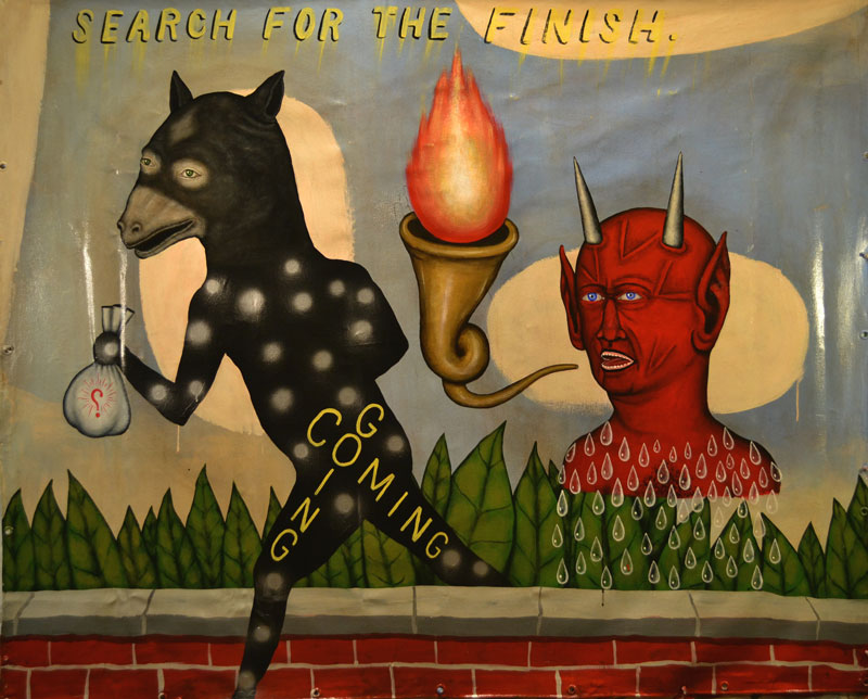 Fred Stonehouse, Search for the finish, 2014, acrylic on canvas banner, 142x172 cm