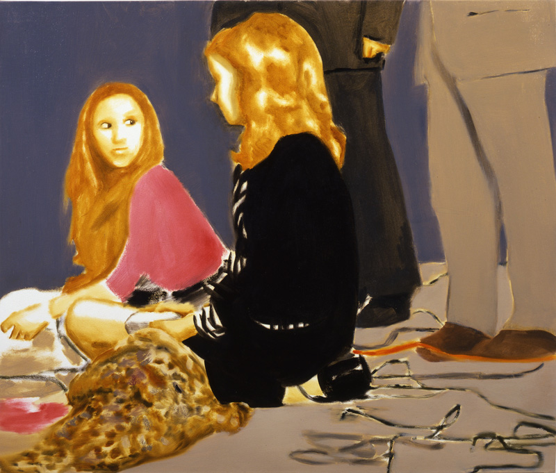Miltos Manetas, Canguro girls and man-con-pelliccia, 2001, oil on canvas, 102x120 cm