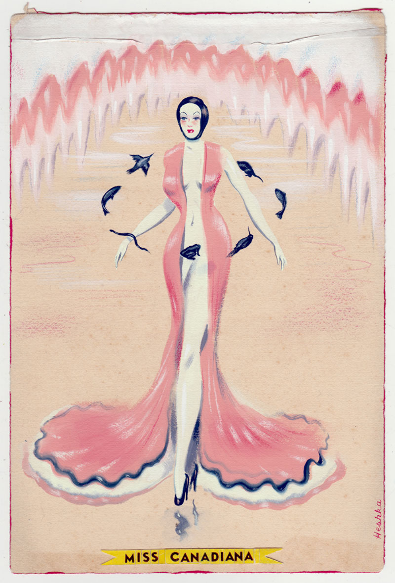 Ryan Heshka, Miss Canadiana, 2015, gouache and mixed on vintage paper, 18,5x12 cm