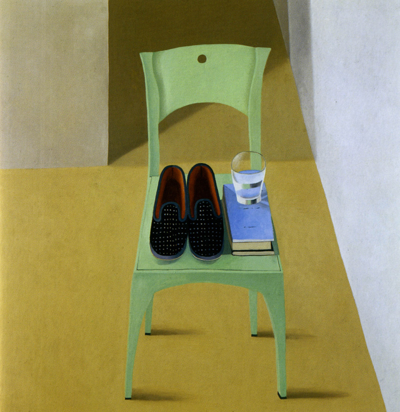 Nathalie Du Pasquier, Pantofole sulla sedia, 2002, oil on canvas, 150x150 cm