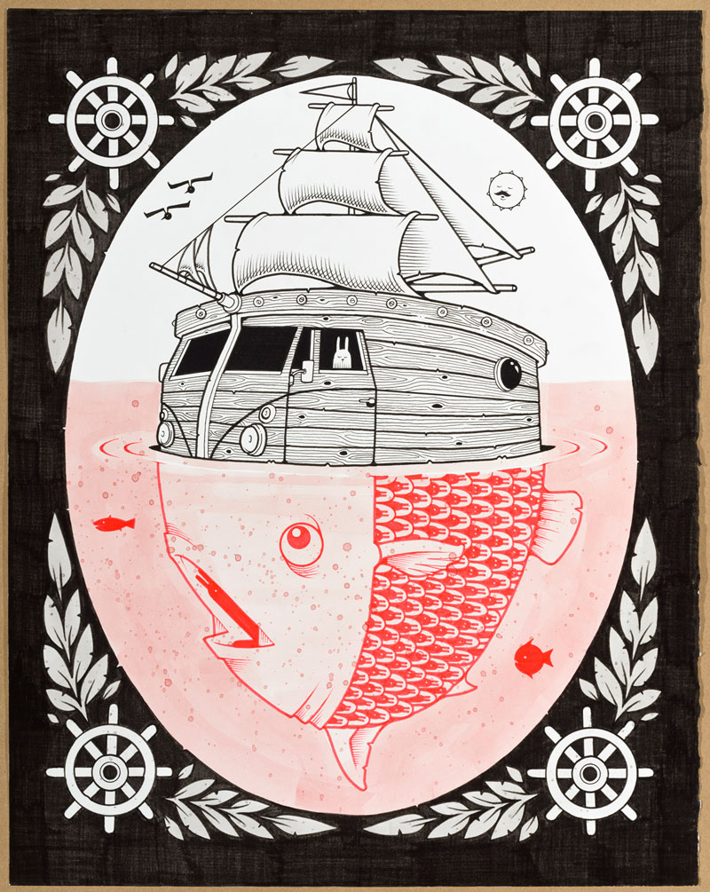 Jeremy Fish, DISABLED FREEDOM, 2015, ink on paper, hand carved wood frame, 40,6x50,8 cm