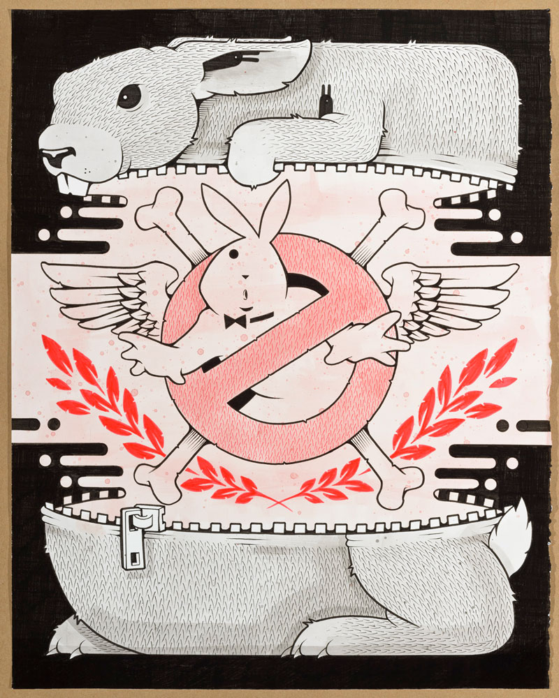Jeremy Fish, GROSSBUSTERS BUNNY, 2015, ink on paper, hand carved wood frame, 40,6x50,8 cm
