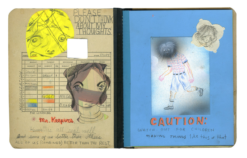 Clayton Brothers, It’s A Keeper, (spread 2 3), Mixed Media On Found Book On Wood Panel, 25×25 Cm