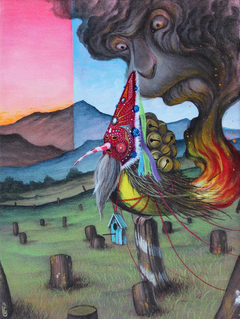 El Gato Chimney, The Watchers, 2014, Acrylic On Canvas, 18x24 Cm