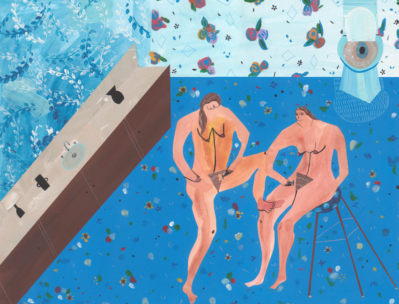Andrea Heimer, Two girls shaving, 2016, acrylic and pencil on paper, 28×35 cm