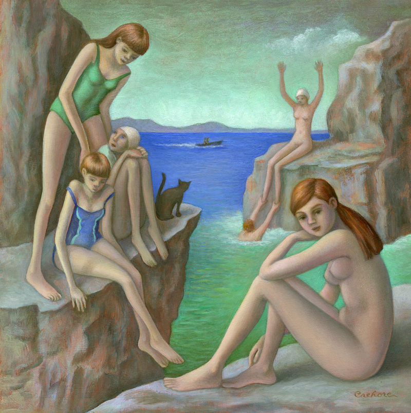 Amy Crehore, Bathers on the rocks, 2016, oil on canvas, 20×20 cm