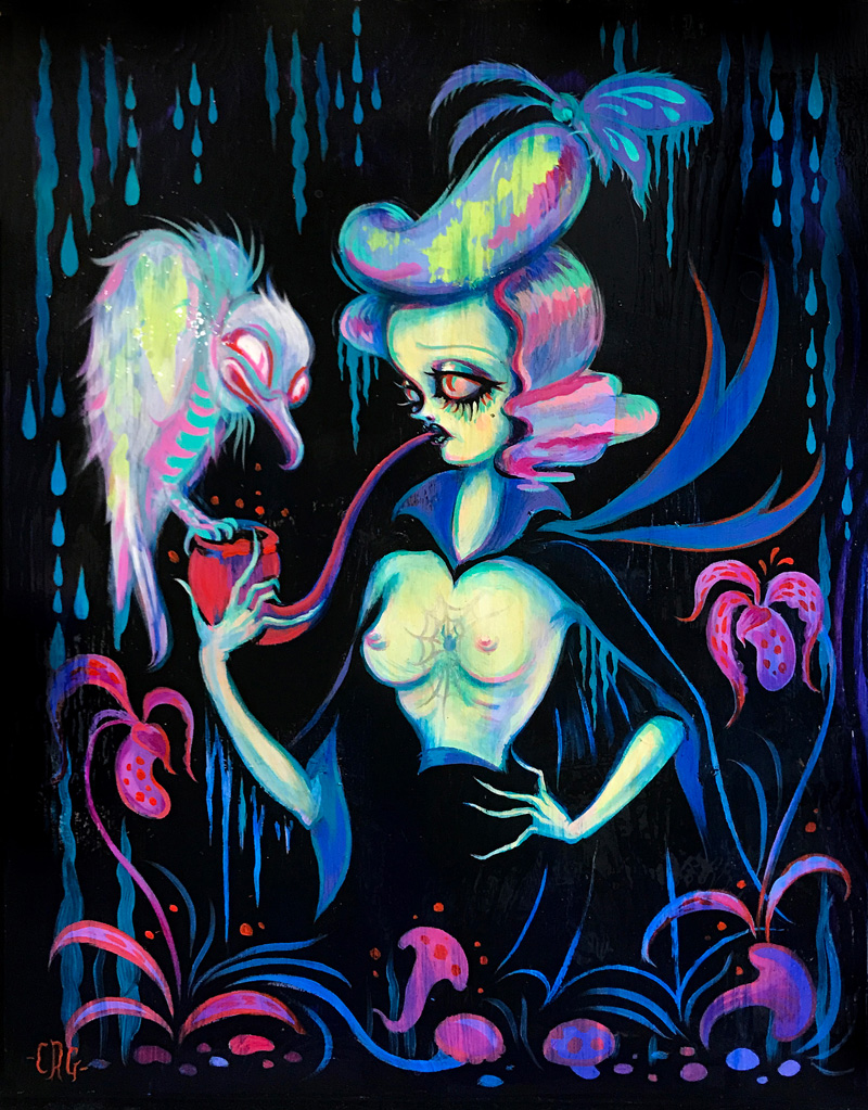 Camille Rose Garcia, Ghost Vulture Serenade, 2017, acrylic and glitter con board,, 35,6×28 cm