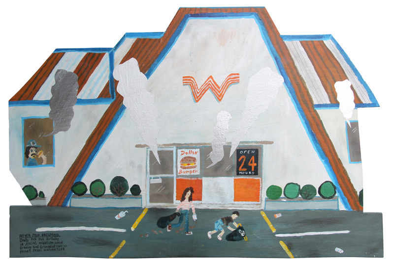 Esther Pearl Watson, Never Stop Dreaming Whataburger, 2017, mixed media on board, 20×30 cm