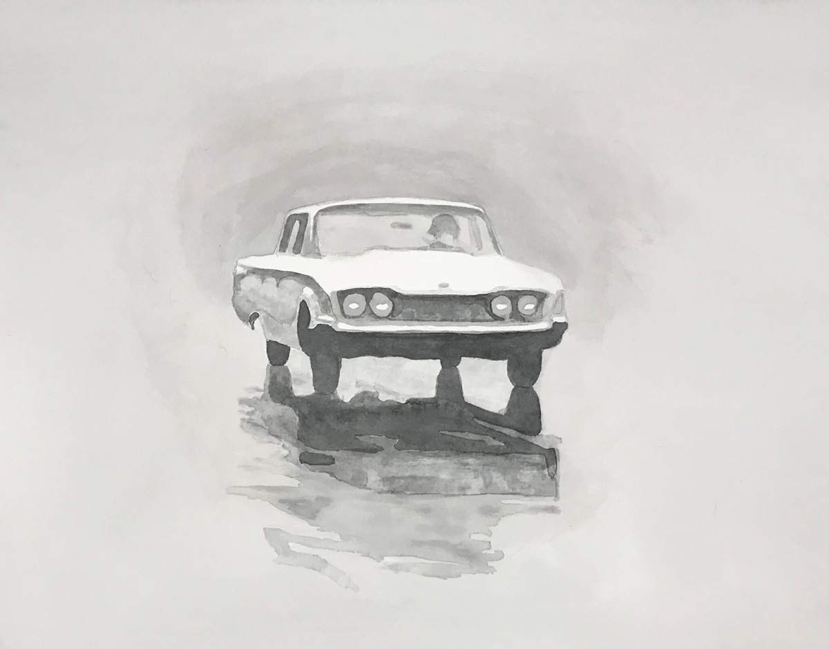 Joshua-Huyser,-a-car-in-the-rain,-watercolor-on-paper,-35.5-x-44