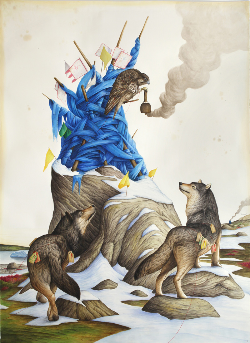 El Gato Chimney, At the Shrine, 2018, watercolors and mixed media on paper, 216×153 cm