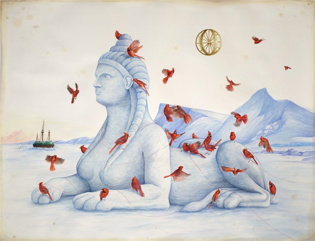 El Gato Chimney, Riddles in the snow, 2018, watercolors and mixed media on paper, 200x153 cm