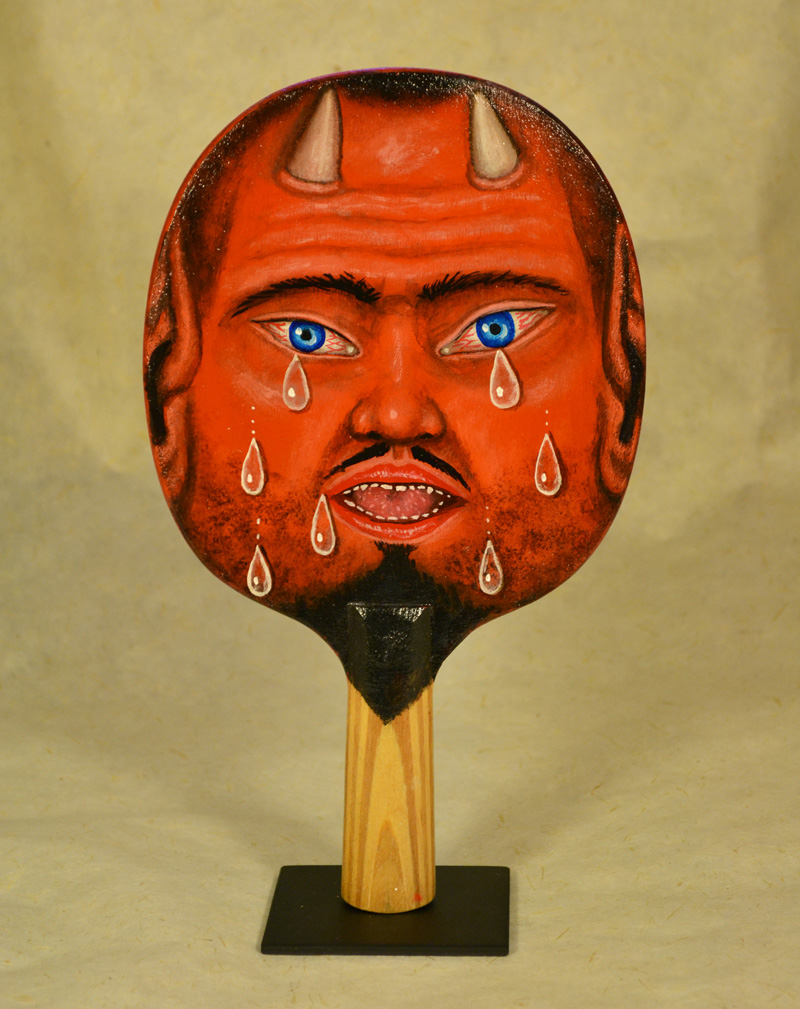 Fred Stonehouse, Devil paddle, 2018, acrylic on vintage ping-pong paddles, 26×16 cm