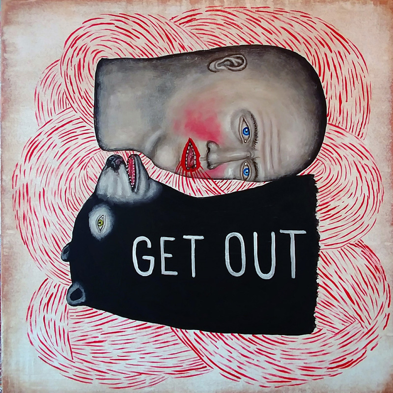 Fred Stonehouse, Get out, 2017, acrylic on wood, 30,5×30,5 cm