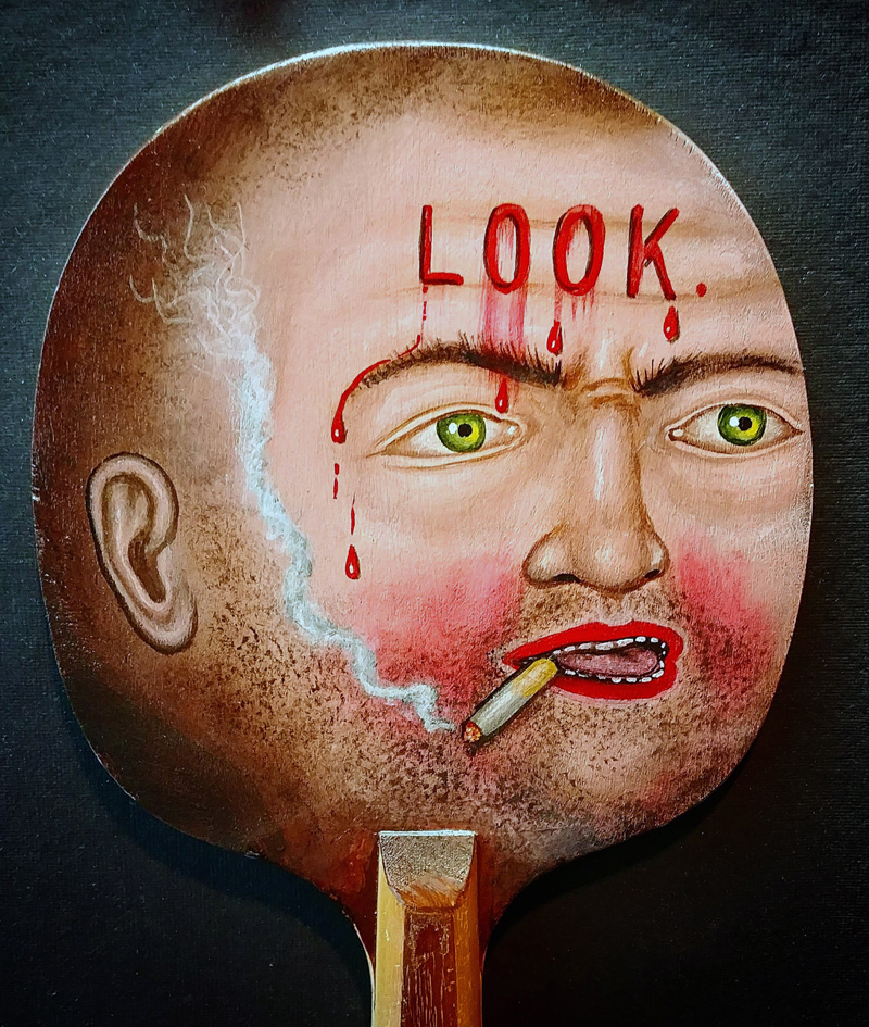 Fred Stonehouse, Look paddle, 2018, acrylic on vintage ping pong paddle, 26×16,5 cm
