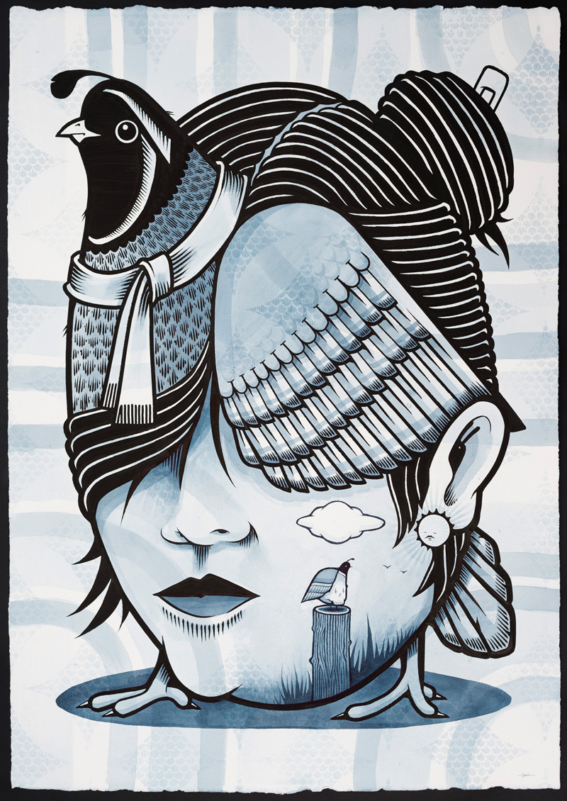 Jeremy-Fish,-Quail-Queen,-2018,-ink-on-paper,-104×75-cm