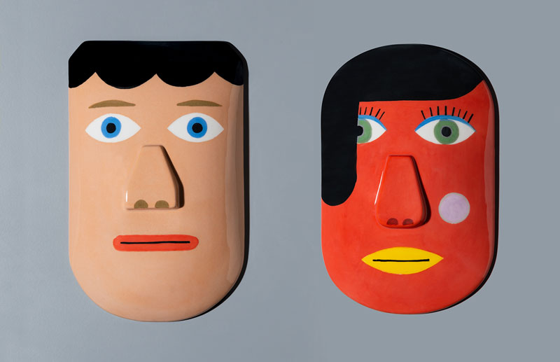 Andy-Rementer,-Doppelgȁnger,-2019,-handmade-ceramic-masks,-limited-edition-of-15,-27x17x4,5-cm-and-28,5x18x5,5-cm