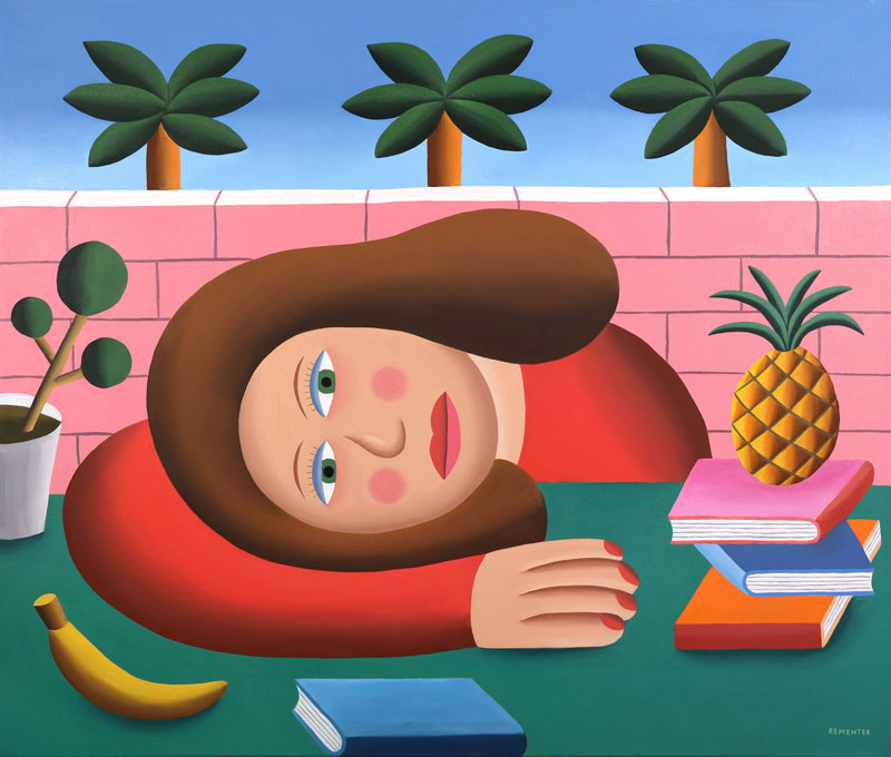 Andy Rementer, Fast food, 2019, oil on canvas, 100×122 cm