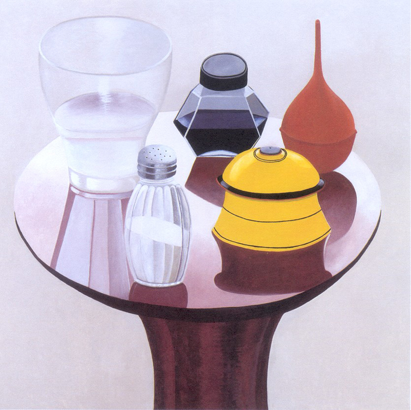 Nathalie Du Pasquier, 2000, tavolino con pera di gomma, olio su tela, 180×180 cm