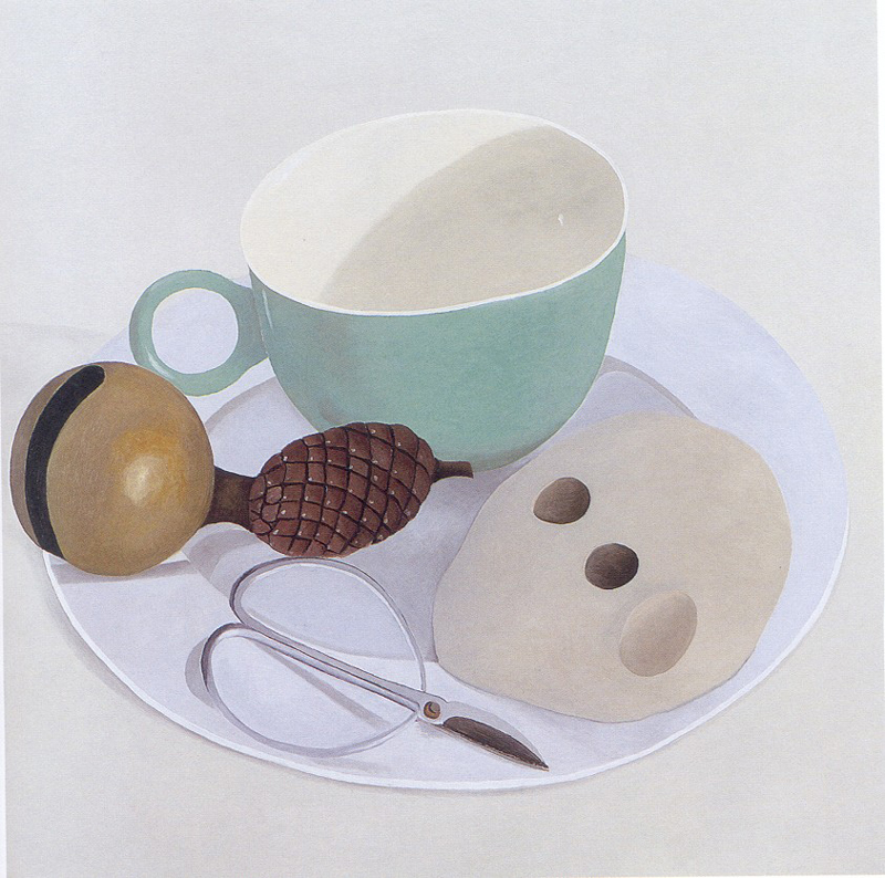 Nathalie Du Pasquier, Piatto con forbice, tazza, sasso, pigna e campanello, 1999, 130×130 cm