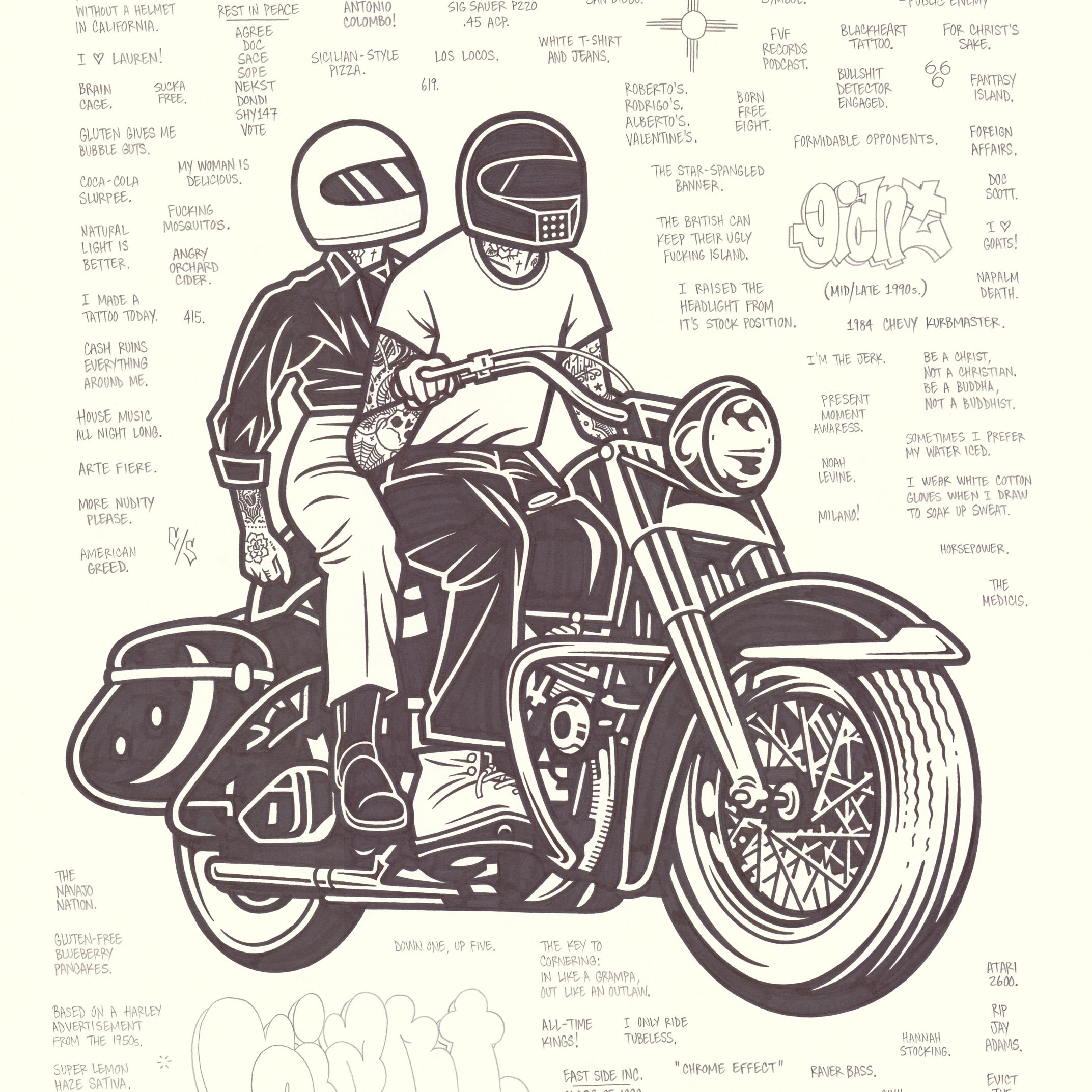 Mike Giant, Helmet Laws, 2016, ink on paper, 61×46 cm