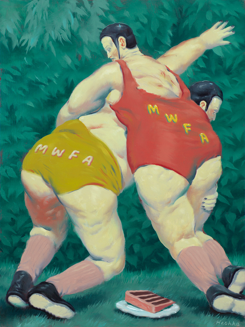 Ryan-Heshka,-#MWFA-(Men-with-fat-asses),-2018,-oil-on-cradled-wood-panel,-30×22-cm