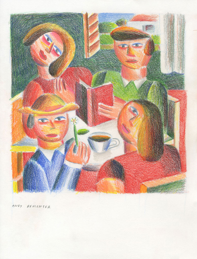 Andy Rementer, Book Club, 2020, colored pencil on paper, 30,5 x 22,9 cm