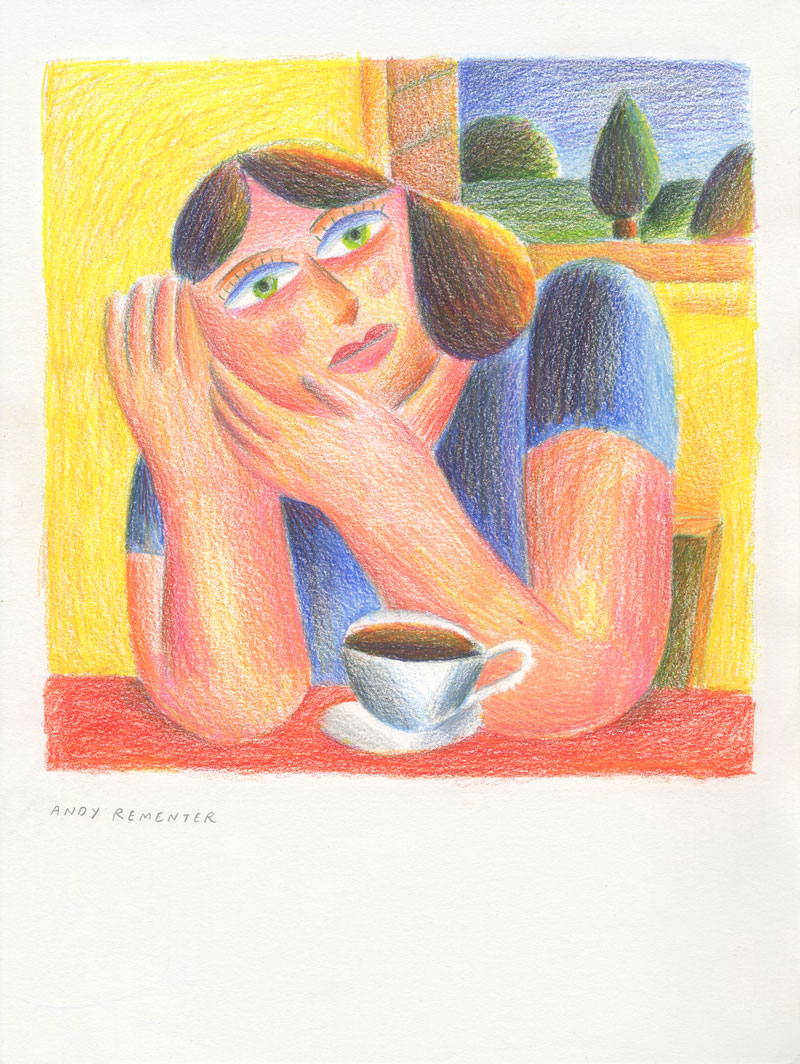Andy Rementer, Coffee Break, 2020, colored pencil on paper, 30,5 x 22,9 cm
