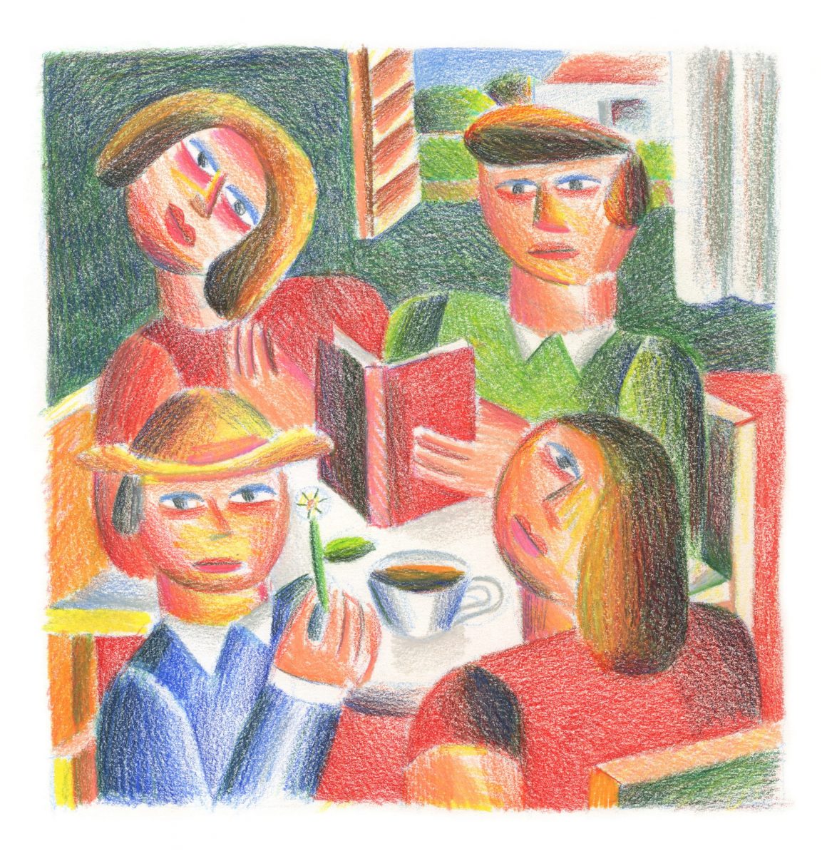 Andy Rementer, Book Club, 2020, colored pencil on paper, 30,5×22,9 cm, CROP