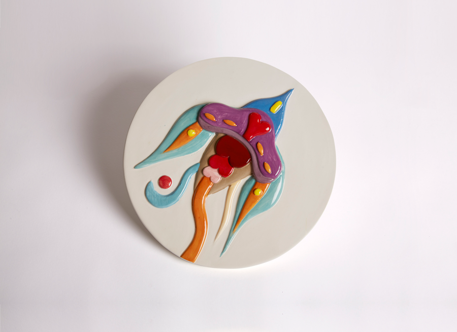 Fulvia Mendini, Space Orchid (white), 2022, Hand-painted Enamelled Ceramic, Diam 30 Cm H 1,5 Cm